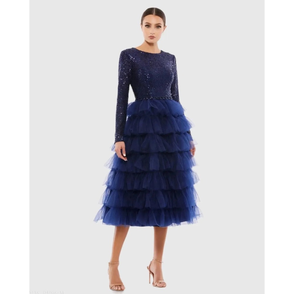 Mac Duggal Long Sleev Tiered Midi Dress Blue New Sz 2 MSRP $498